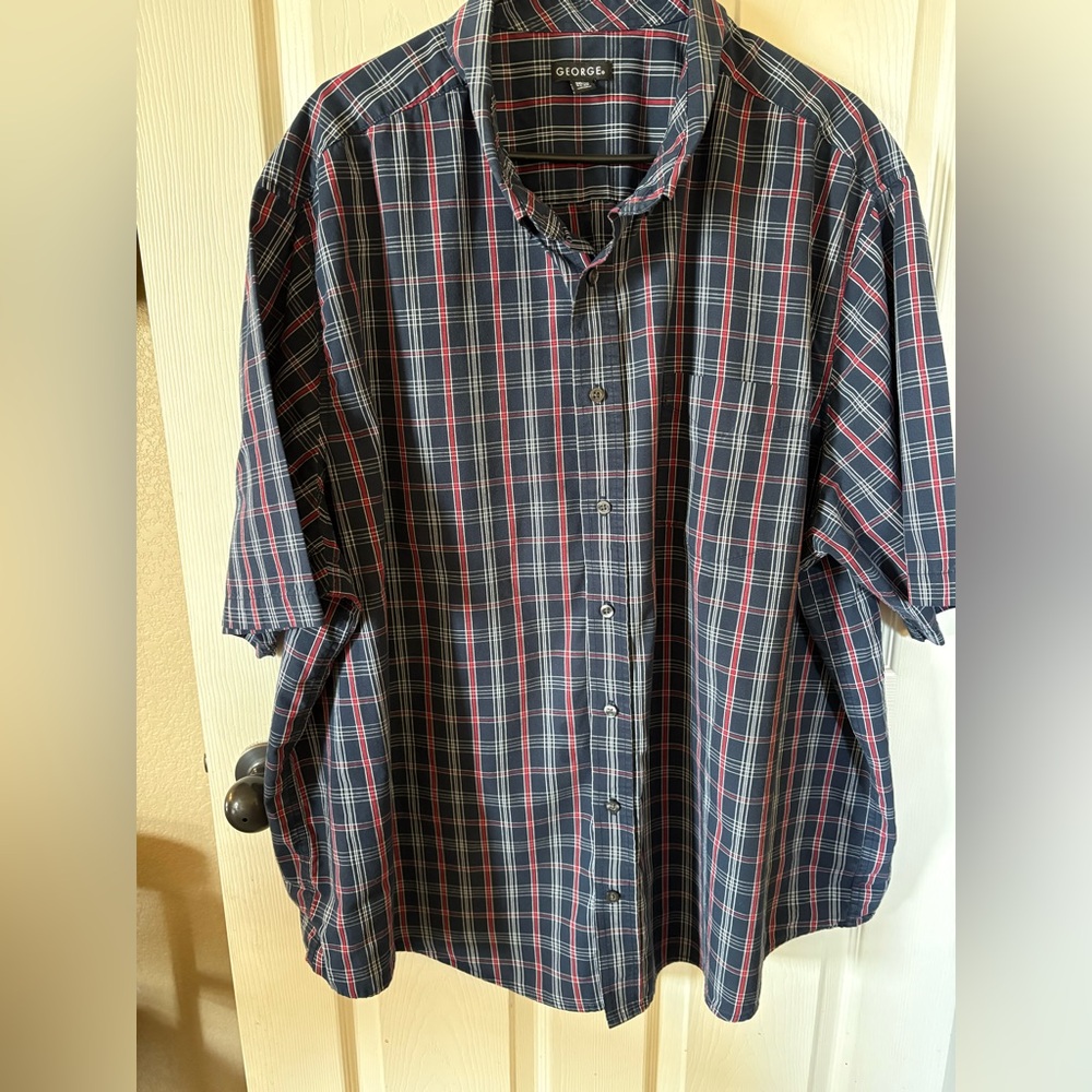 George Navy and Red Plaid Short-Sleeve Button-Down Shirt